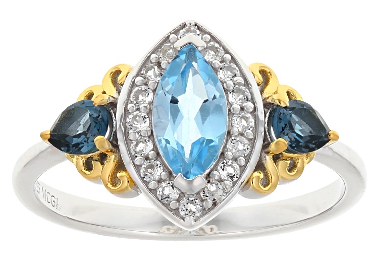 Swiss Blue Topaz Rhodium & 18K Yellow Gold Over Sterling Silver Ring.98ctw