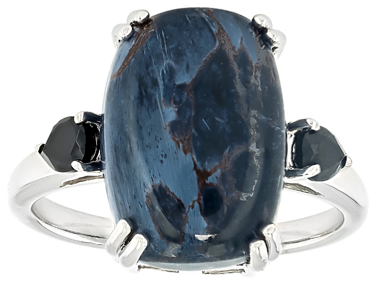 Blue Pietersite Rhodium Over Sterling Silver 3-Stone Ring 0.06ctw