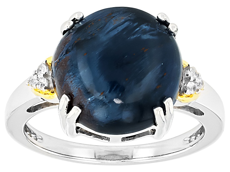 Blue Pietersite Rhodium & 18K Yellow Gold Over Sterling Silver Ring 0.04ctw
