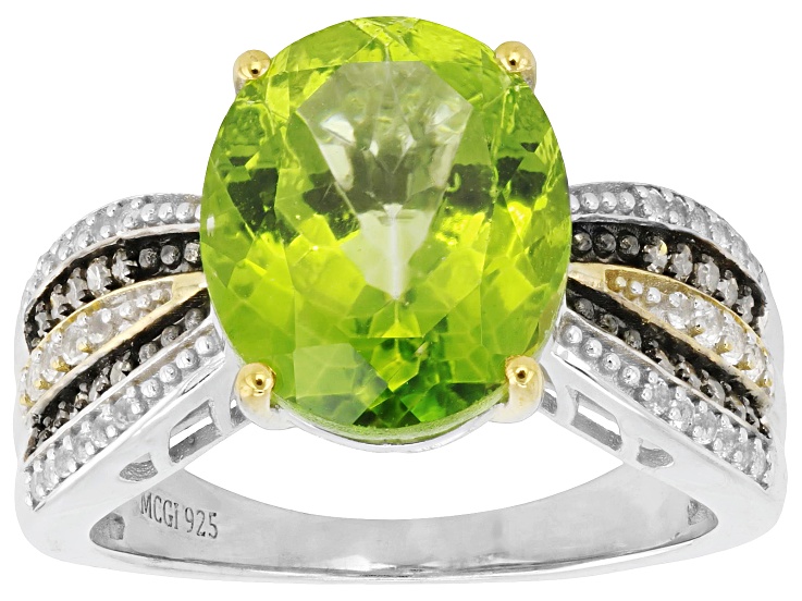 Meadow Green Topaz With Topaz & Champagne Diamond Rhodium & 18K Yellow Gold Over Silver Ring 5.23ctw