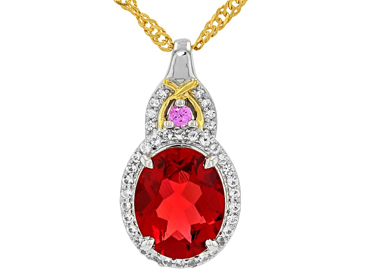 Red Lab Created Bixbite Rhodium & 18K Yellow Gold Over Sterling Silver Pendant With Chain 2.22ctw