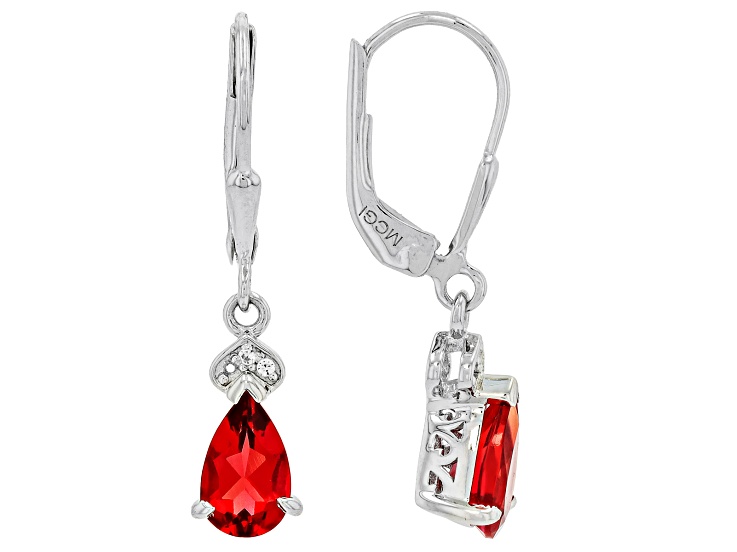 Red Lab Created Bixbite With Lab Created Sapphire Rhodium Over Sterling Silver Drop Earrings 1.21ctw