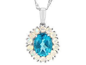 Paraiba Color Topaz With Ethiopian Opal Rhodium Over Sterling Silver Pendant With Chain 3.20ctw