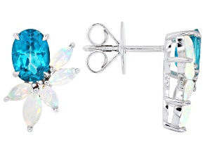 Paraiba Color Topaz With Ethiopian Opal Rhodium Over Sterling Silver Earrings 2.13ctw