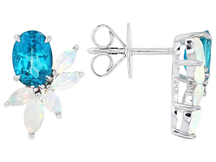Paraiba Color Topaz With Ethiopian Opal Rhodium Over Sterling Silver Earrings 2.13ctw