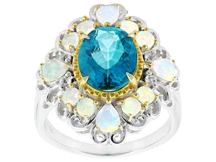 Paraiba Color Topaz Rhodium & 18K Yellow Gold Over Silver Ring 3.40ctw