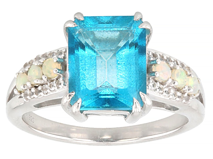 Paraiba Color Topaz With Ethiopian Opal & White Topaz Rhodium Over Sterling Silver Ring 4.16ctw