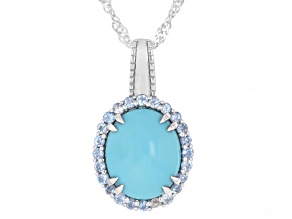 Sleeping Beauty Turquoise with Ofiki Aquamarine Rhodium Over Silver Pendant with Chain 0.32ctw