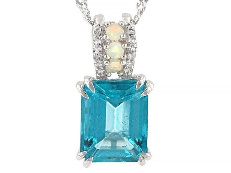 Paraiba Topaz With Ethiopian Opal & White Topaz Rhodium Over Silver Pendant W/ Chain 4ctw