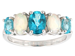 Paraiba Color Topaz With Ethiopian Opal Rhodium Over Sterling Silver Ring 1.81ctw