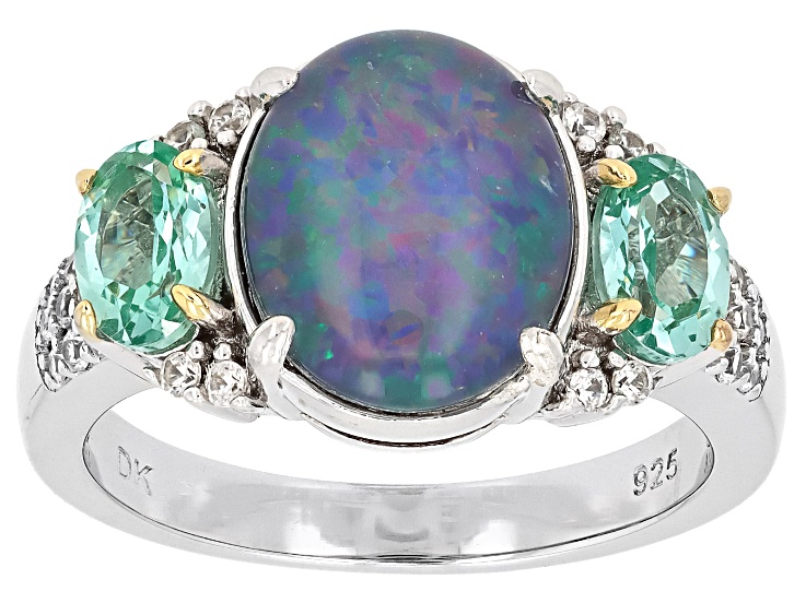 Blue Australian Opal Triplet Rhodium & 18K Yellow Gold Over Sterling Silver Ring 0.49ctw