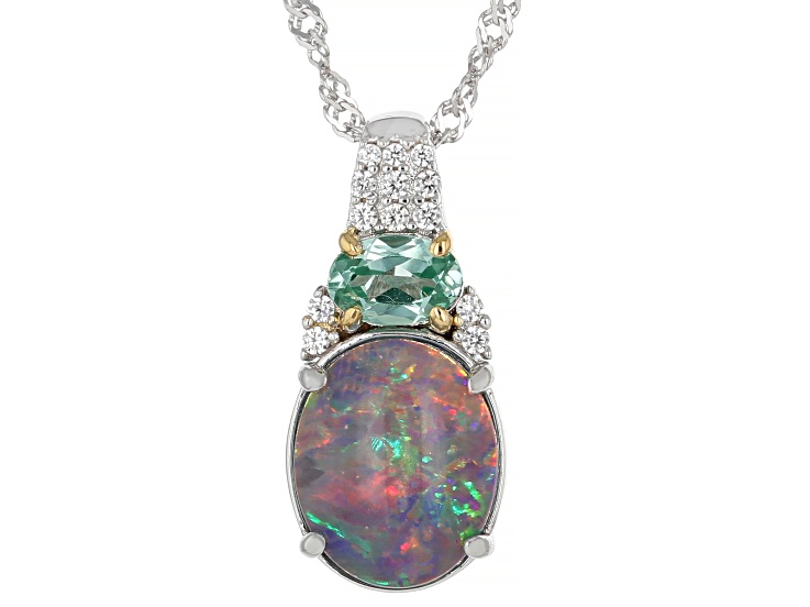 Australian Opal Triplet Rhodium & 18K Yellow Gold Over Sterling Silver Pendant With Chain 0.49ctw