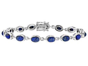 Blue Lapis Lazuli Rhodium Over Sterling Silver Tennis Bracelet 6x4mm