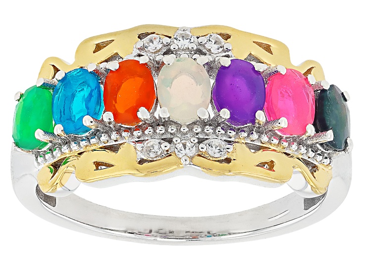 Multi Color Ethiopian Opal With White Zircon Rhodium & 18K Yellow Gold Over Silver Ring 0.68ctw
