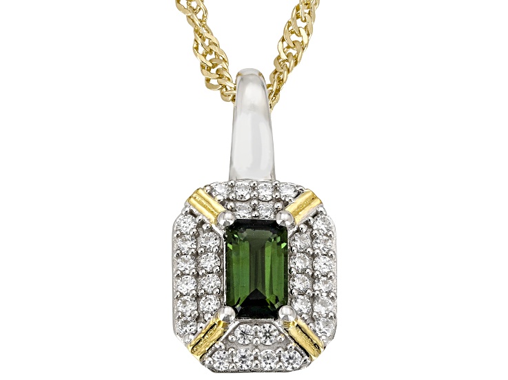 Green Tourmaline Rhodium And 18K Yellow Over Silver Pendant with Chain 0.34ctw