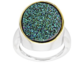 Green Druzy Quartz Rhodium and 18K Yellow Gold Over Sterling Silver Ring 13.41ctw