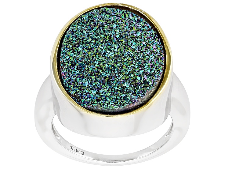 Green Druzy Quartz Rhodium and 18K Yellow Gold Over Sterling Silver Ring 13.41ctw