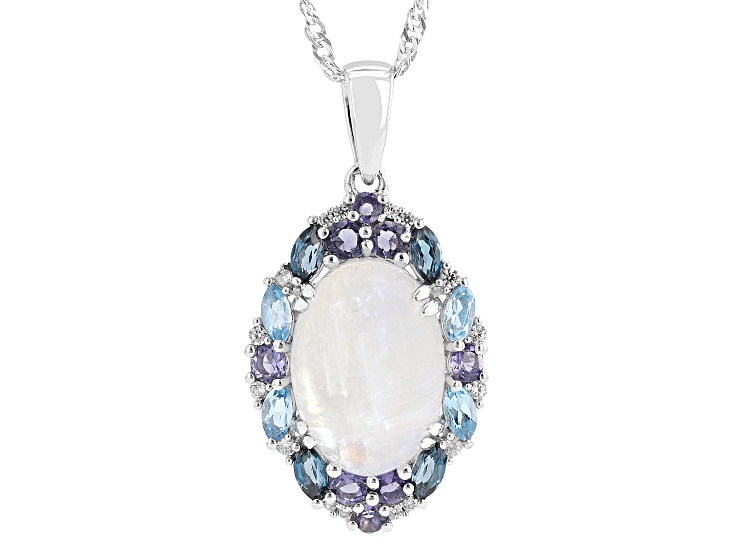 Rainbow Moonstone Rhodium Over Sterling Silver Pendant With Chain 1.15ctw