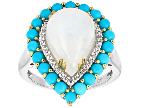 Rainbow Moonstone With Sleeping Beauty Turquoise & Zircon Rhodium & 18K Yellow Gold Over Silver Ring
