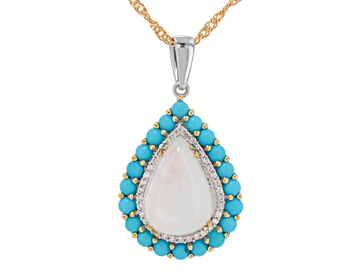 Rainbow Moonstone & Sleeping Beauty Turquoise & Zircon Rhodium & 18K Yellow Gold Over Silver Pendant