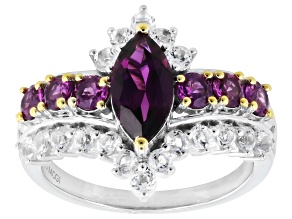 Grape Color Rhodolite With White Topaz Rhodium & 18K Yellow Gold Over Sterling Silver Ring 2.41ctw