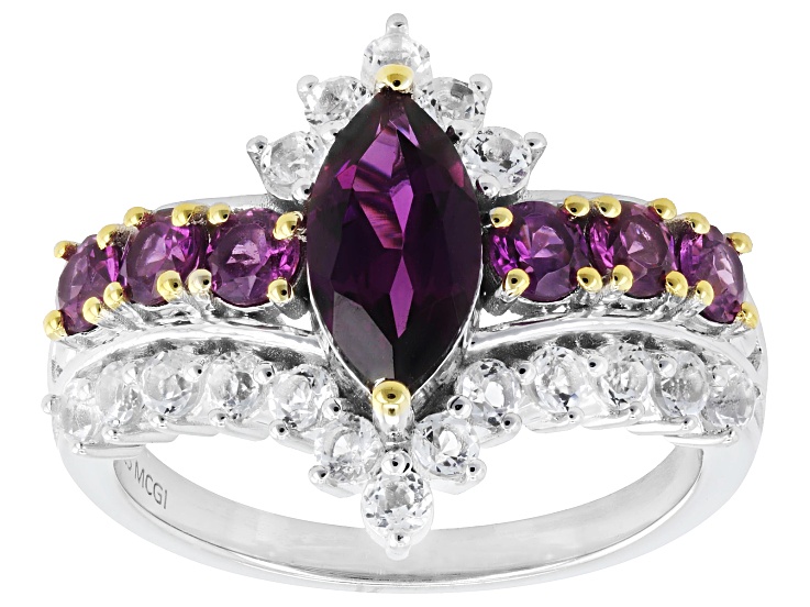 Grape Color Rhodolite With White Topaz Rhodium & 18K Yellow Gold Over Sterling Silver Ring 2.41ctw