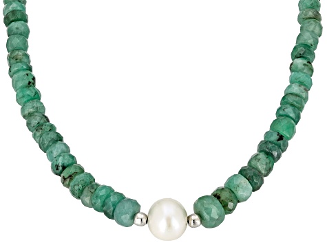 アクセサリー RT-2975932610 Emerald With Cultured Freshwater Pearl Rhodium Over Sterling