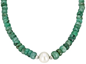Emerald With Cultured Freshwater Pearl Rhodium Over Sterling Silver Beaded Necklace 76.74Ctw