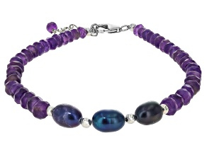 Amethyst With Cultured Freshwater Pearl Rhodium Over Sterling Silver Beaded Bracelet 18.00ctw