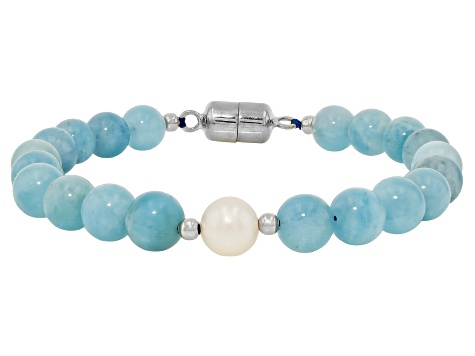 Blue Aquamarine Rhodium Over Sterling Silver Beaded Bracelet