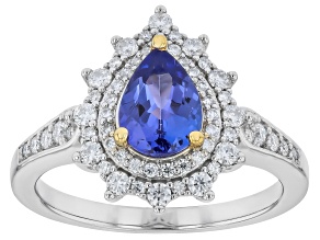 Blue Tanzanite with White Moissanite Rhodium and 18K Yellow Gold Over Sterling Silver Ring 1.41ctw