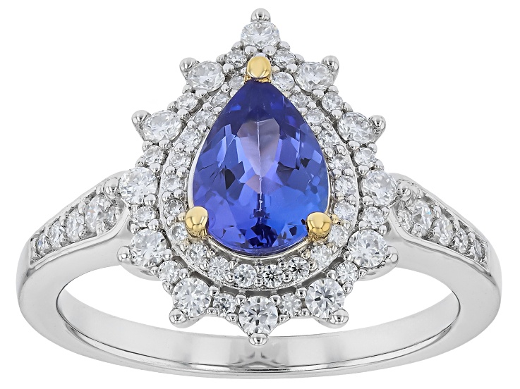 Blue Tanzanite with White Moissanite Rhodium and 18K Yellow Gold Over Sterling Silver Ring 1.41ctw
