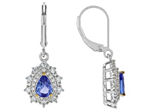 Blue Tanzanite with White Moissanite Rhodium and 18K Yellow Gold Over Silver Earrings 1.93ctw