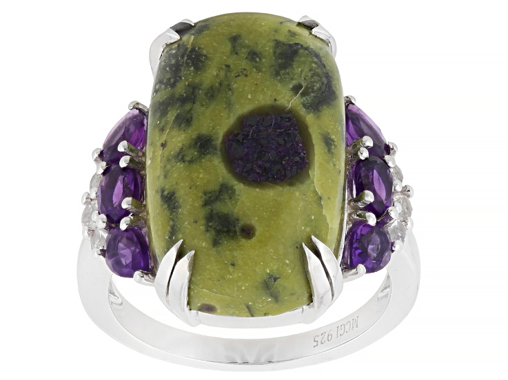 Green Stichtite in Serpentine With Amethyst and Zircon Rhodium Over Sterling Silver Ring 0.82ctw