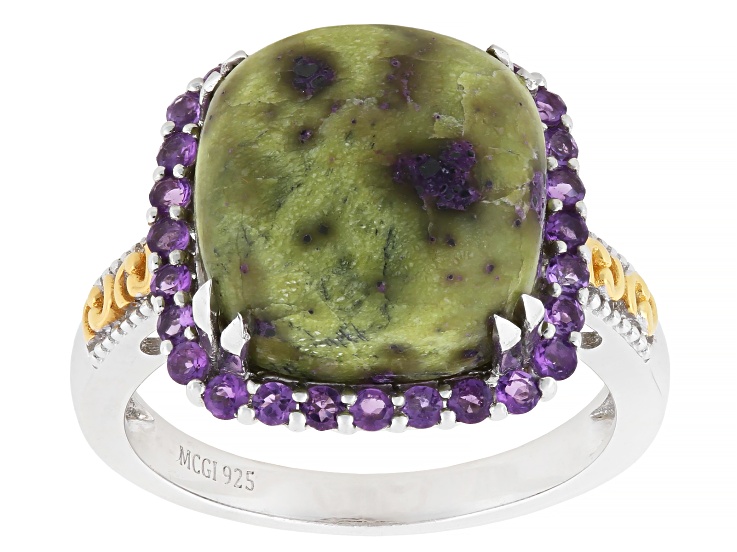 Green Stichtite in Serpentine Rhodium and 18K Yellow Gold Over Sterling Silver Ring 0.35ctw