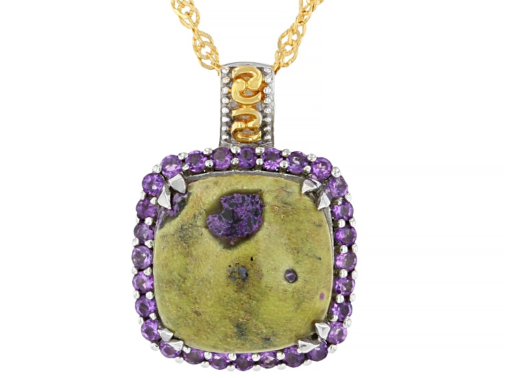 Green Stichtite in Serpentine Rhodium and 18K Yellow Gold Over Silver Pendant with Chain 0.35ctw