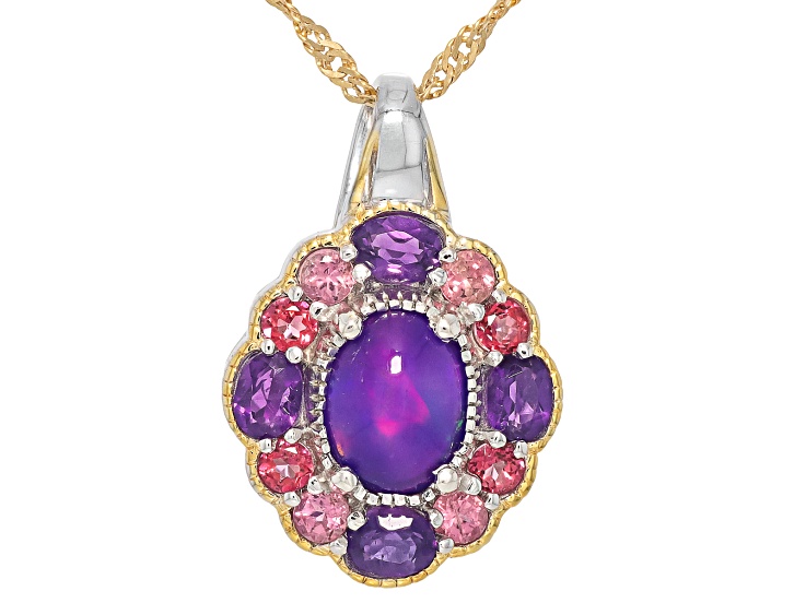 Purple Ethiopian Opal Rhodium & 18k Yellow Gold Over Sterling Silver Pendant with Chain 2.20ctw