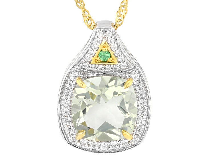 Green Prasiolite Rhodium & 18K Yellow Gold Over Silver Pendant With Chain 3.70ctw