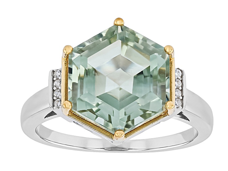 アクセサリー 0.138 Light Grayish Greenish Yellow SI-2 Green Prasiolite With White Zircon Rhodium & 18K Yellow Gold Over