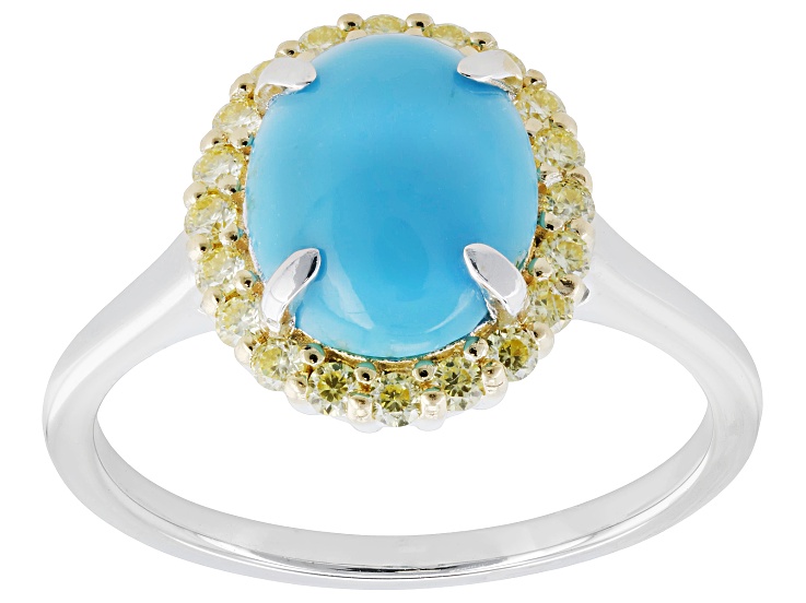 Blue Sleeping Beauty Turquoise Rhodium and 18K Yellow Gold Over Silver Halo Ring 0.20ctw