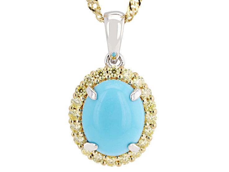 Blue Sleeping Beauty Turquoise Rhodium and 18K Yellow Gold Over Silver Pendant with Chain 0.30ctw