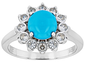 Blue Sleeping Beauty Turquoise With White Zircon Rhodium Over Sterling Silver Ring 0.31ctw