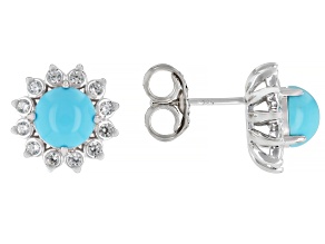 Blue Sleeping Beauty Turquoise With White Zircon Rhodium Over Sterling Silver Stud Earrings 0.41ctw