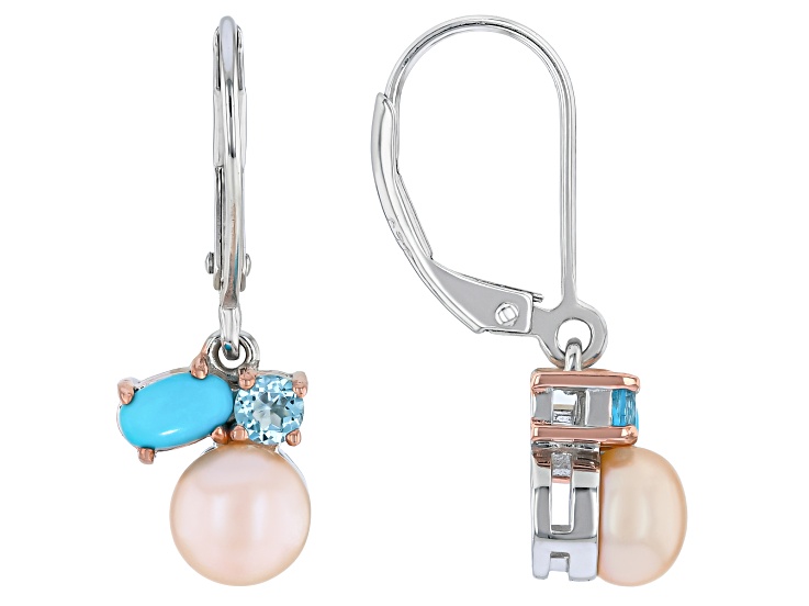 Blue Sleeping Beauty Turquoise Rhodium Over Sterling Silver Two Tone Earrings 0.36ctw