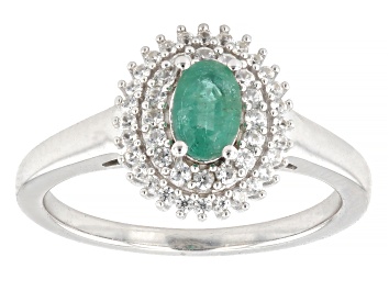 Picture of Green Zambian Emerald Rhodium Over Sterling Silver Ring 0.75ctw