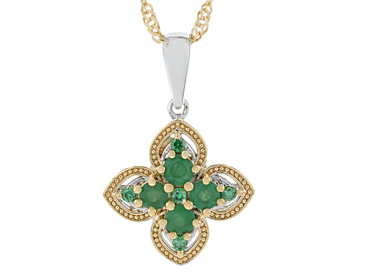 Green Zambian Emerald Rhodium and 18K Yellow Gold Over Silver Pendant with Chain 0.45ctw