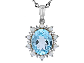 Sky Blue Topaz With Cultured Seed Pearl & White Zircon Rhodium Over Silver Pendant With Chain