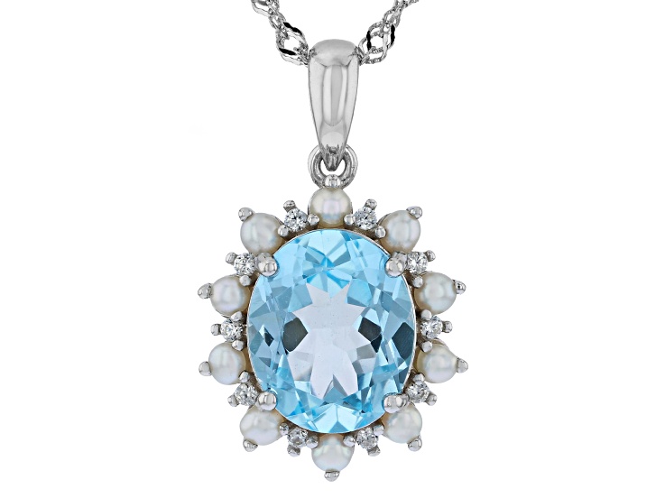 Sky Blue Topaz With Cultured Seed Pearl & White Zircon Rhodium Over Silver Pendant With Chain