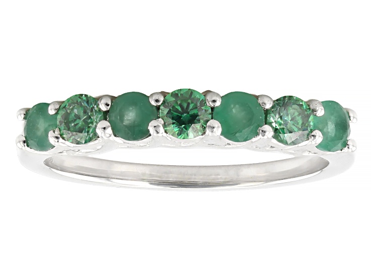 Green Zambian Emerald with Green Moissanite Rhodium Over Sterling Silver Ring 0.72ctw