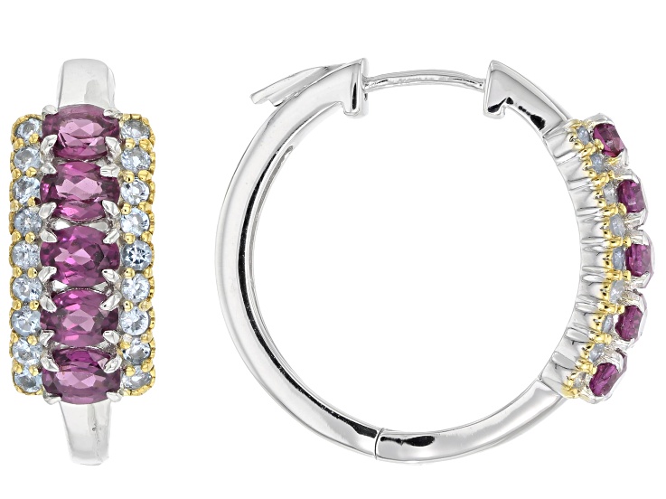 Grape Color Rhodolite With Ofiki Aquamarine Rhodium & 18K Yellow Gold Over Silver Earrings 2.40ctw